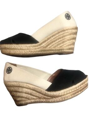 Tory Burch Filipe Beige/Black Canvas Wedge Espadrille Size 7B